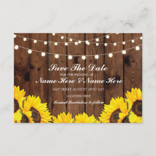 Save The Date Wood Rustic Sunflowers Lights Card