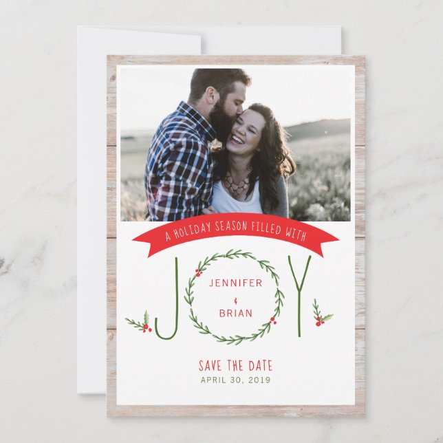 Save the Date Woodsy Wreath Joy Christmas Card (Front)