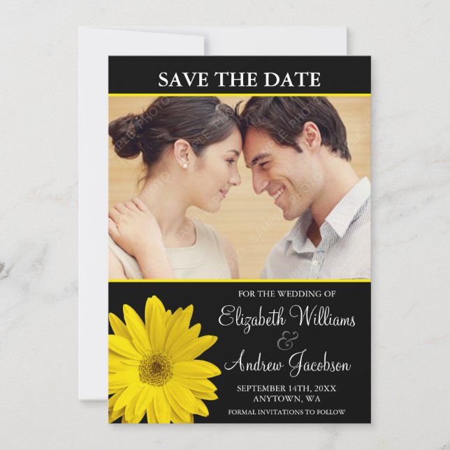 Save The Date Yellow Daisy Black Photo Enregistrer la date (Devant)