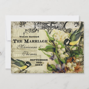 Save the Date, Yellow Song Bird Cage Swirl Floral Date