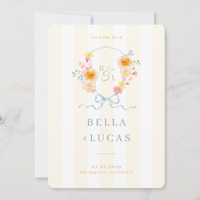 Save The Date Yellow Stripe Floral Crest Monogram Spring Wedding (Devant)