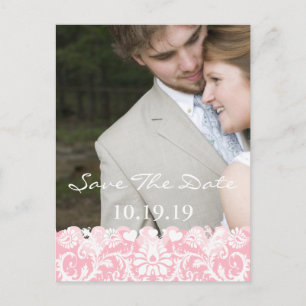 Save The Date Your Photo Pink and White Damask Announcement Postcard