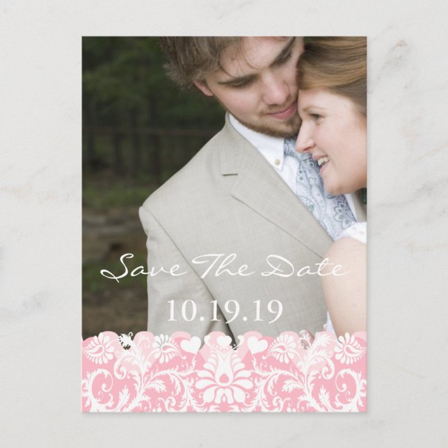 Save The Date Your Photo Pink and White Damask Announcement Postcard (Front)