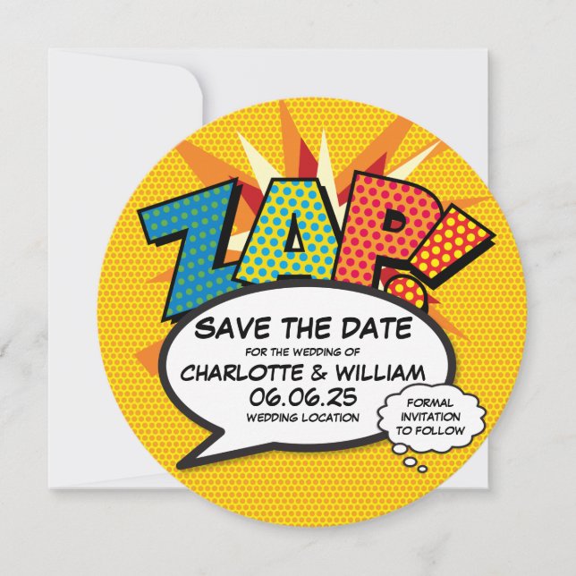 Save The Date ZAP Enregistrez la Date Fun Rétro Bande Dessinée P (Devant)