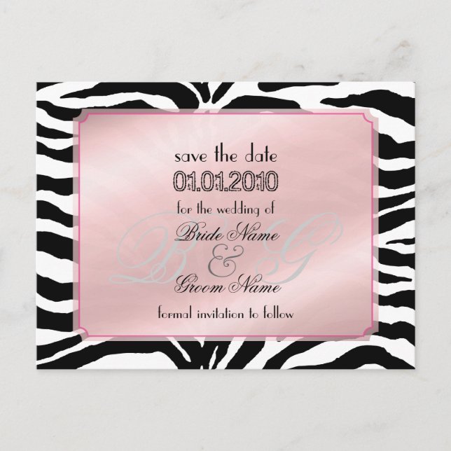 Save the Date, zebra + monogram Announcement Postcard (Front)