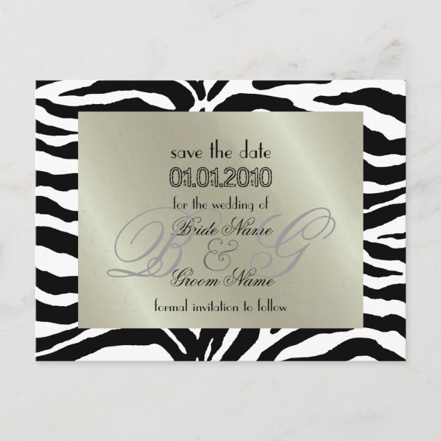 Save the Date, zebra + monogram Announcement Postcard (Front)