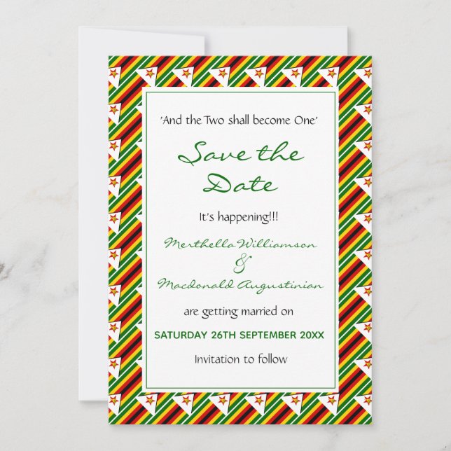 Save The Date ZIMBABWE DRAPEAU Customisé Écriture C'EST EN TRAIN (Devant)