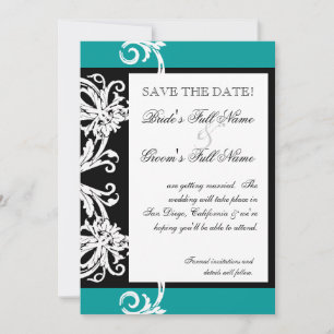 Save the Dates - Black White Teal Heart Damask Date