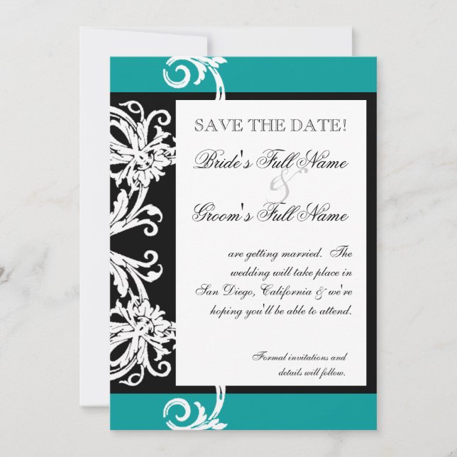 Save the Dates - Black White Teal Heart Damask Save The Date (Front)