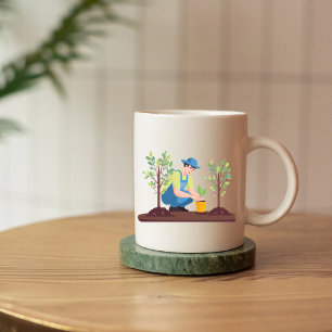  Save the Earth, Man Planting a Tree in Flat Style Mug