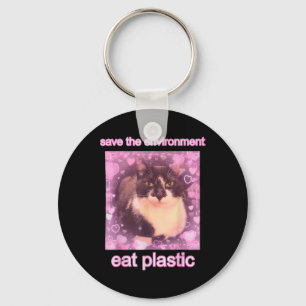 Save The Environment Eat Plastic Funny Cute Cat Me Keychain