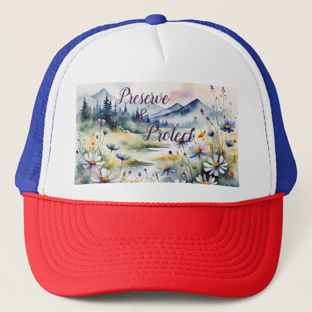 Save the Nature, Wildflower & Calligraphy Script  Trucker Hat (Front)