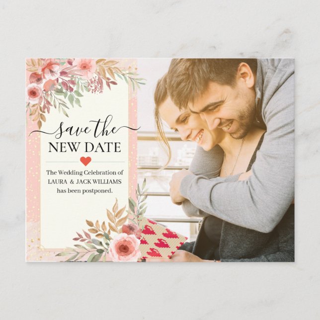 Save the New Date Chic Wedding Postponement Photo Announcement Postcard (Front)
