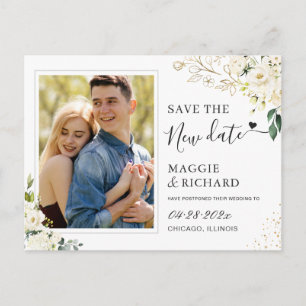 Save The New Date Green White Floral Photo Postcard