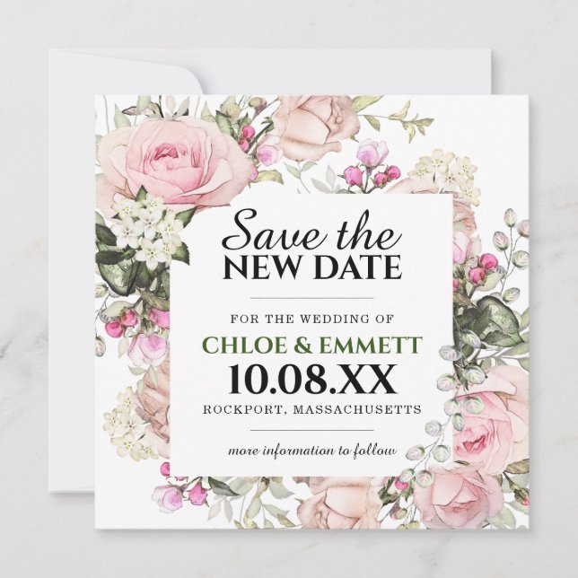Save the New Date Pink Floral Wedding Announcement (Front)