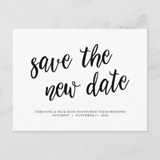 Save the new date, Wedding postponement, Black Postcard (Front)