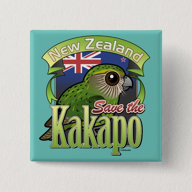 Save the New Zealand Kakapo 2 Inch Square Button (Front)