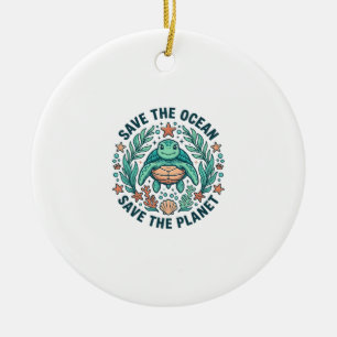 Save the Ocean Sea Turtle Vintage Engraving Shirt_ Ceramic Ornament