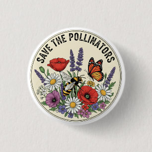 Save the Pollinator with bee, butterfly & flowers 1 Inch Round Button