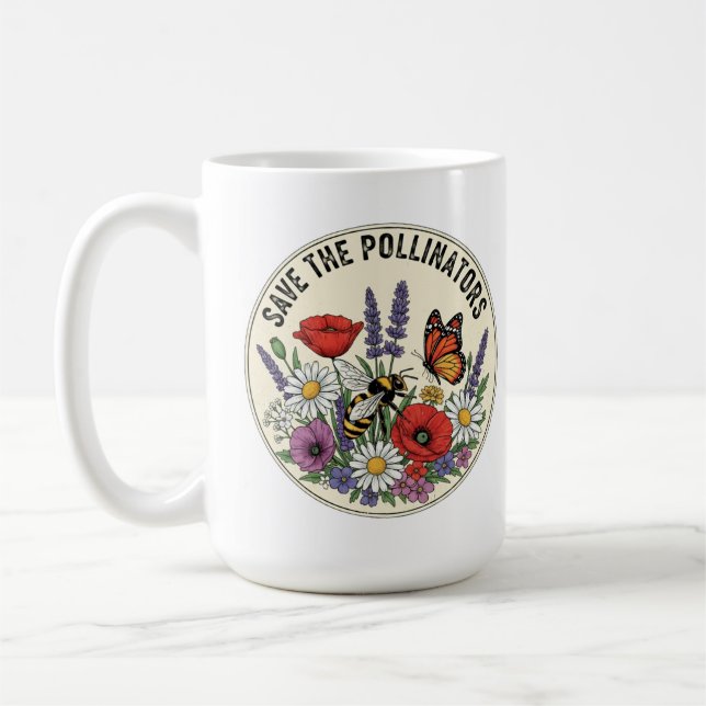 Save the Pollinator with bee, butterfly & flowers Coffee Mug (Left)