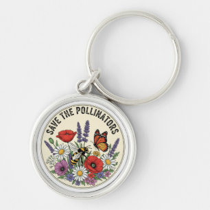 Save the Pollinator with bee, butterfly & flowers Keychain