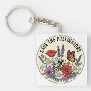 Save the Pollinator with bee, butterfly & flowers Keychain