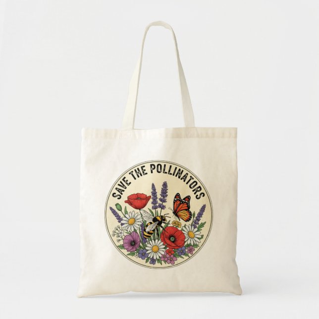 Save the Pollinator with bee, butterfly & flowers Tote Bag (Front)
