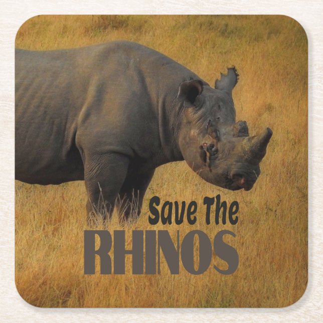 Save The Rhinos Square Paper Coaster (Front)