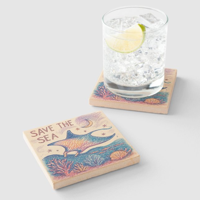 Save the Sea - Colour Pencil Ocean Art Stone Coaster (Side)