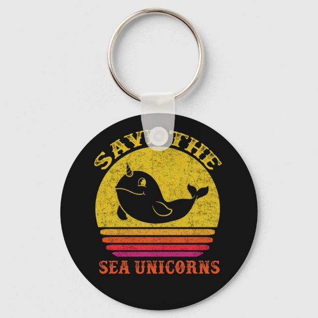 Save The Sea Unicorns Retro Narwhal Keychain (Front)