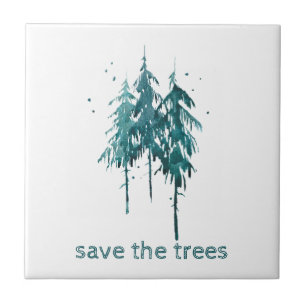 Save the Trees Simple Blue-Green Watercolor Pines Tile