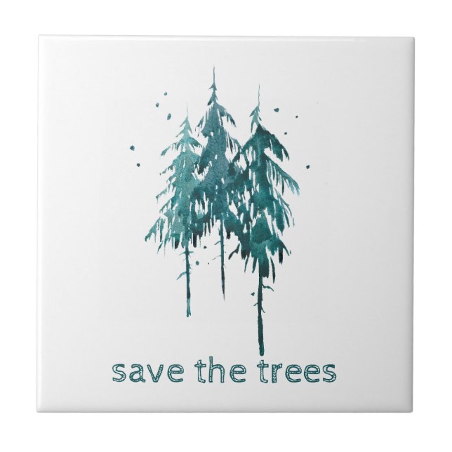 Save the Trees Simple Blue-Green Watercolor Pines Tile (Front)