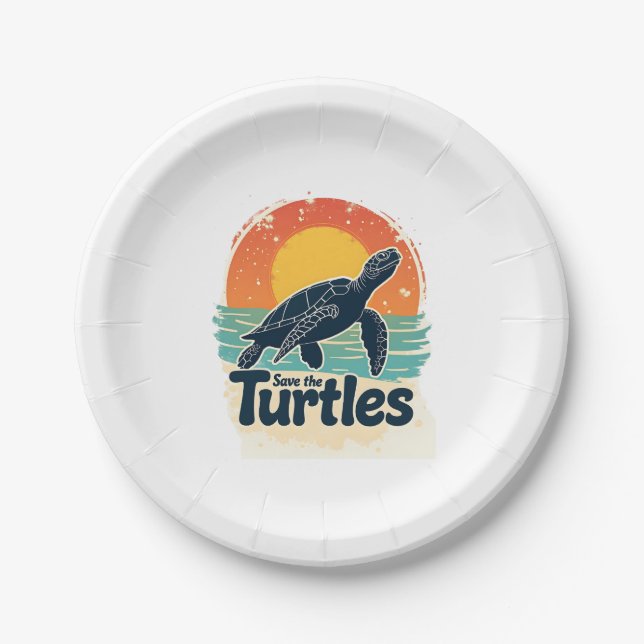Save The Turtles Animal Rights Sea Turtle Retro St Paper Plate (Front)