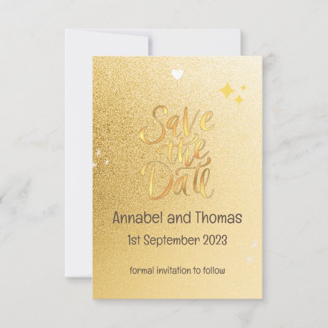 SAVE THE WEDDING DATE - sparkly gold. Editable Save The Date (Front)