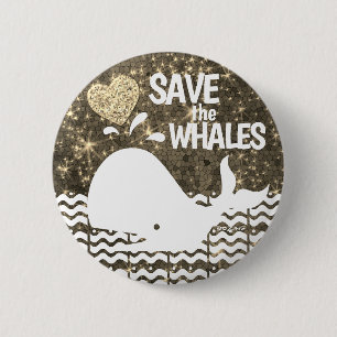 Save the Whales Gold Glitter Heart Sparkles 2 Inch Round Button