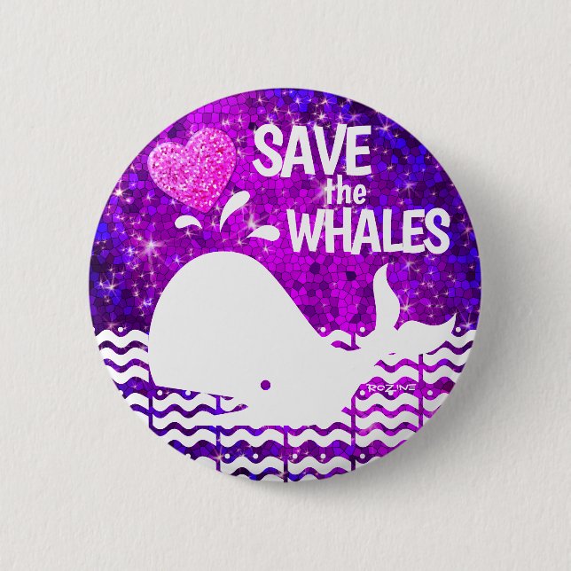 Save the Whales Purple & Hot Pink Glitter Heart 2 Inch Round Button (Front)