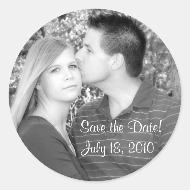 Save theDate! upload your own photo Classic Round Sticker (Front)