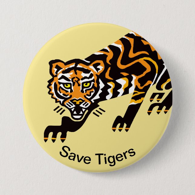 Save TIGERS - Endangered animal graphic - Yellow 3 Inch Round Button (Front)