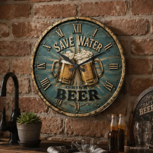 Save Water Drink Beer Rustic Home Bar Large Clock