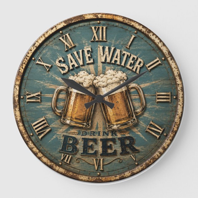 Save Water Drink Beer Rustic Home Bar Large Clock (Front)