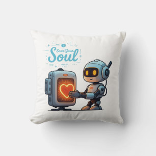 Save Your Soul Cute Robot Holding Heart – Futurist Throw Pillow