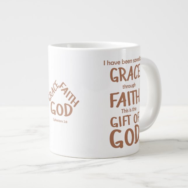 Saved By Grace Through Faith Tan Ephesians 2:8 Large Coffee Mug (Front Right)