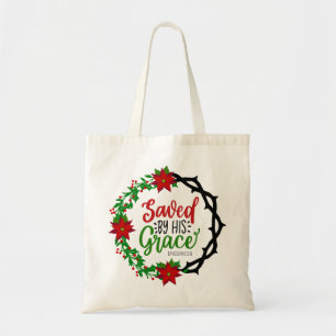 Saved by His Grace Christmas Wreath Tote Bag