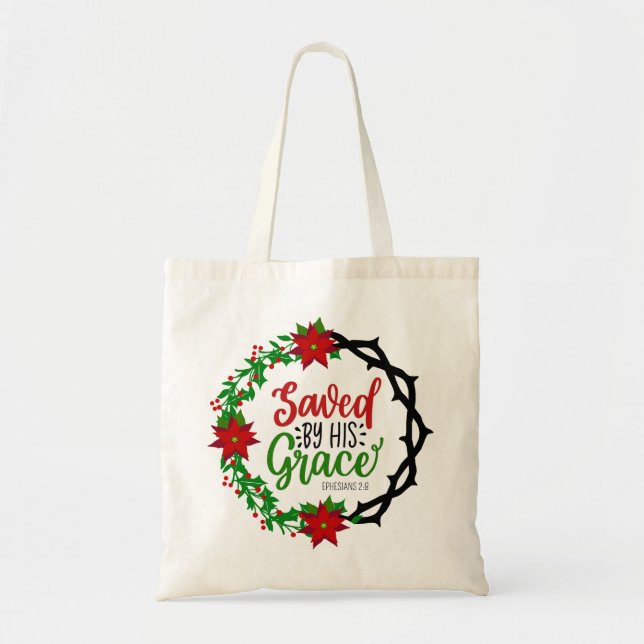 Saved by His Grace Christmas Wreath Tote Bag (Front)