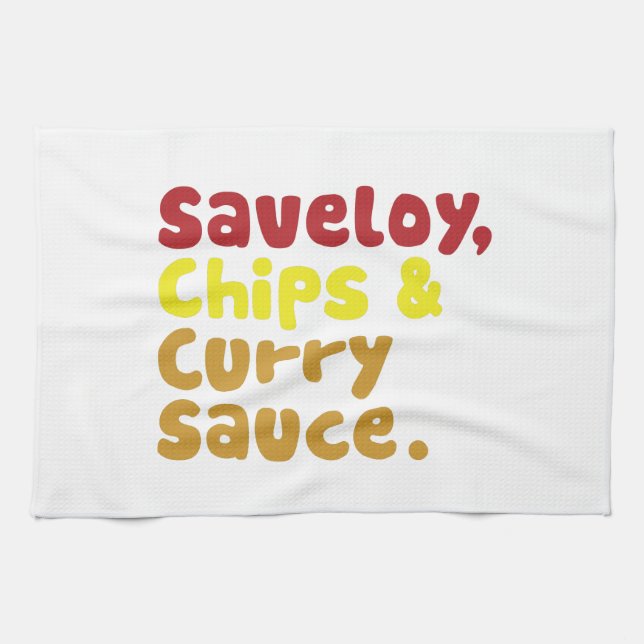 Saveloy, Chips & Curry Sauce. Kitchen Towel (Horizontal)