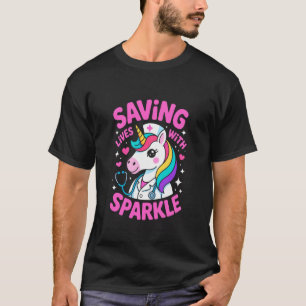 Saving Lives with Sparkle Cute Unicorn Nurse Rainb T-Shirt