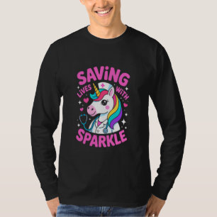 Saving Lives with Sparkle Cute Unicorn Nurse Rainb T-Shirt