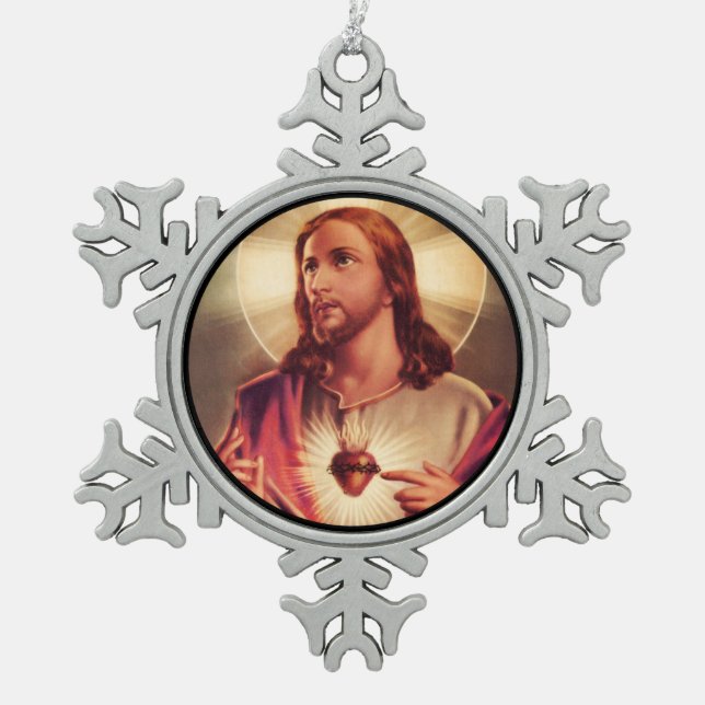 Saviour Eyes Raised Toward Heaven Snowflake Pewter Christmas Ornament (Front)