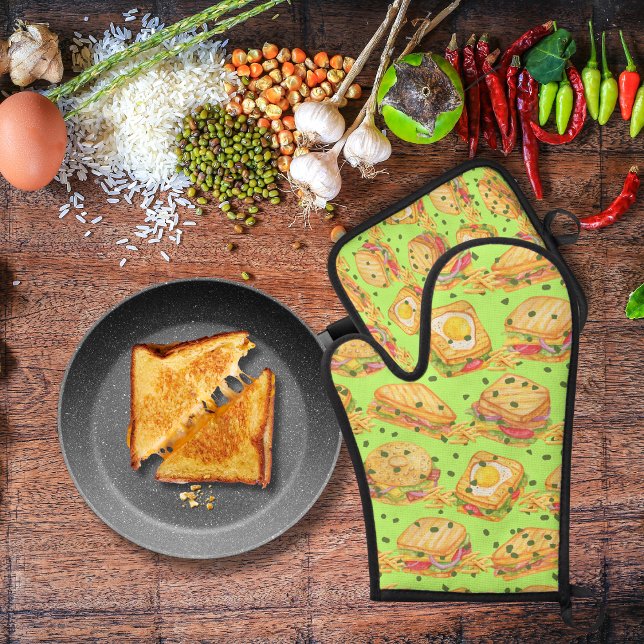 Savory gourmet sandwiches and fries lime green oven mitt & pot holder set (Creator Uploaded)