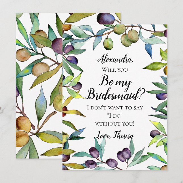 Savory Olives Tuscan Watercolor Be My Bridesmaid Invitation (Front/Back)